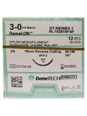 DemeLON Nylon Suture 3/0 19mm 3/8 R/C 45cm - Box/12