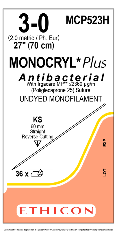 MONOCRYL® Plus Antibacterial Sutures Absorbable Undyed 3-0 70cm - Box/36