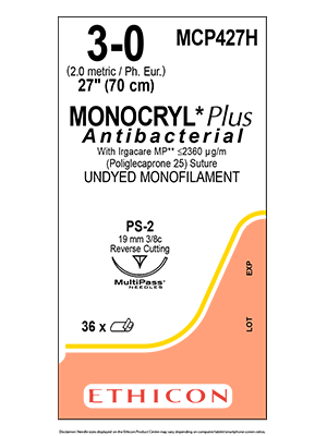 MONOCRYL® Plus Antibacterial Suture Absorbable Undyed 3-0 70cm - Box/36