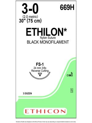 ETHILON* Nylon Sutures Black 75cm 3-0 FS-1 24mm - Box/36