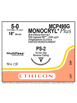 MONOCRYL® Plus Antibacterial Absorbable Sutures Undyed 5-0 45cm PS-2 19mm - Box/12