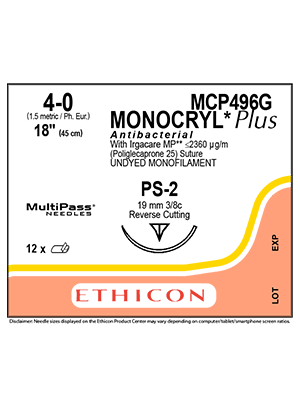 MONOCRYL® Plus Antibacterial Absorbable Sutures Undyed 4-0 45cm PS-2 19mm - Box/12