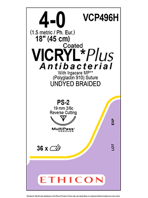 Coated VICRYL* Plus Antibacterial Sutures Absorbable Undyed 4-0 45cm - Box/36