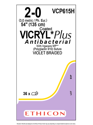 Coated VICRYL* Plus Sutures Absorbable Violet 2-0 135cm Non Needled - Box/36