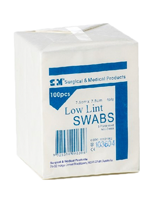 S+M Gauze Non Woven Low Lint Swabs 4PLY 7.5 x 7.5cm - Pkt/100