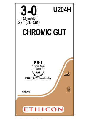 Surgical Gut Sutures (Chromic) Undyed 70cm 3-0 RB-1 17mm - Box/36