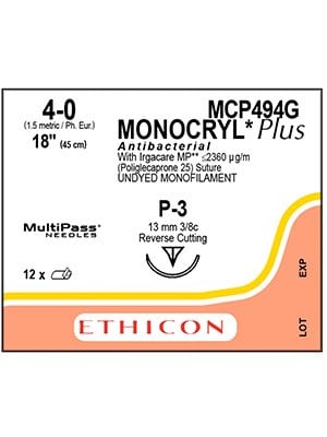 MONOCRYL® Plus Antibacterial Sutures Absorbable Undyed 4-0 45cm - Box/12