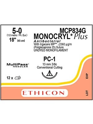 MONOCRYL® Plus Antibacterial Sutures Absorbable Undyed 5-0 45cm - Box/12