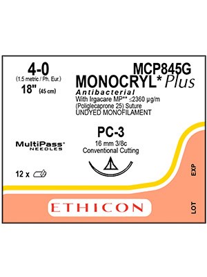 MONOCRYL® Plus Antibacterial Sutures Absorbable Undyed 4-0 45cm - Box/12