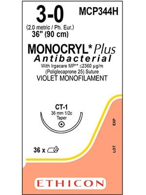 MONOCRYL® Plus Antibacterial Absorbable Sutures Violet 3-0 90cm CT-1 36mm - Box/36