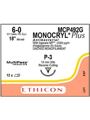 MONOCRYL® Plus Antibacterial Sutures Absorbable Undyed 6-0 45cm - Box/12