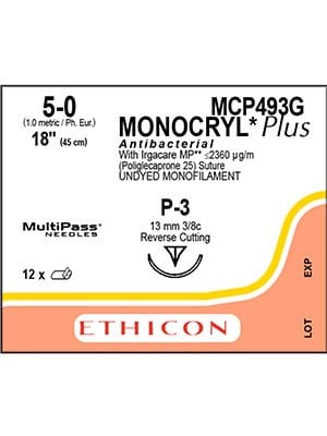 MONOCRYL® Plus Antibacterial Sutures Absorbable Undyed 5-0 45cm - Box/12