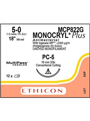 MONOCRYL® Plus Antibacterial Sutures Absorbable Undyed 5-0 45cm - Box/12