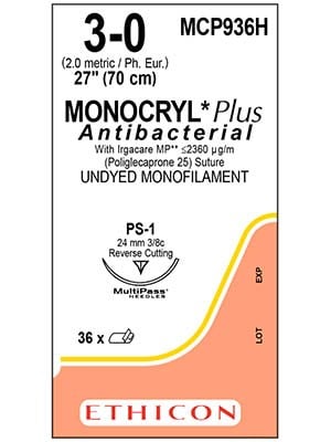 MONOCRYL® Plus Antibacterial Sutures Absorbable Undyed 3-0 70cm - Box/36