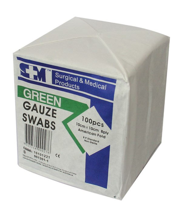 GAUZE GREEN SWABS 10cmx10cm - Pkt/100